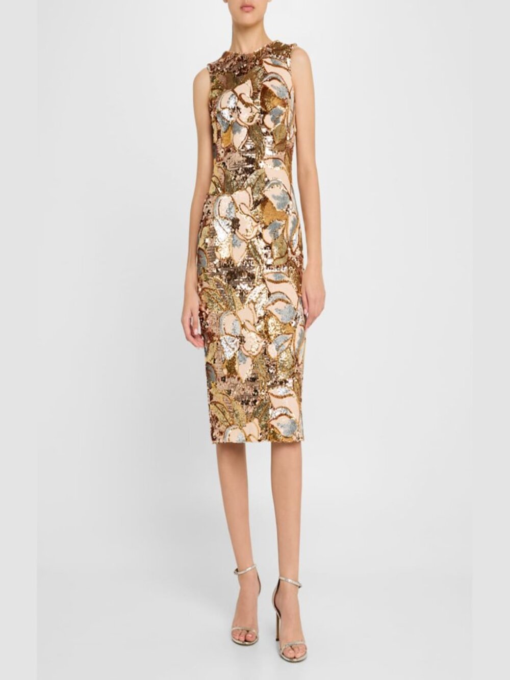 Sleeveless Gold Sequin Midi Dress with Floral Motif